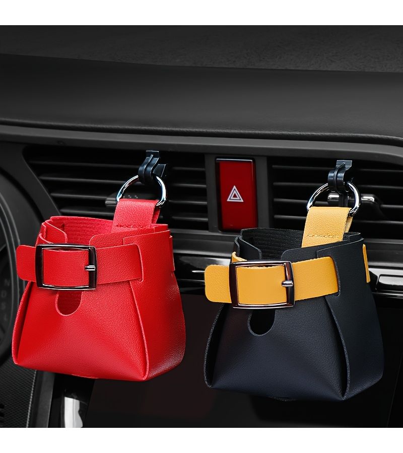 Red PU Leather Car Air Vent Storage Box For Phone Glasses Water Bottle - Image 3