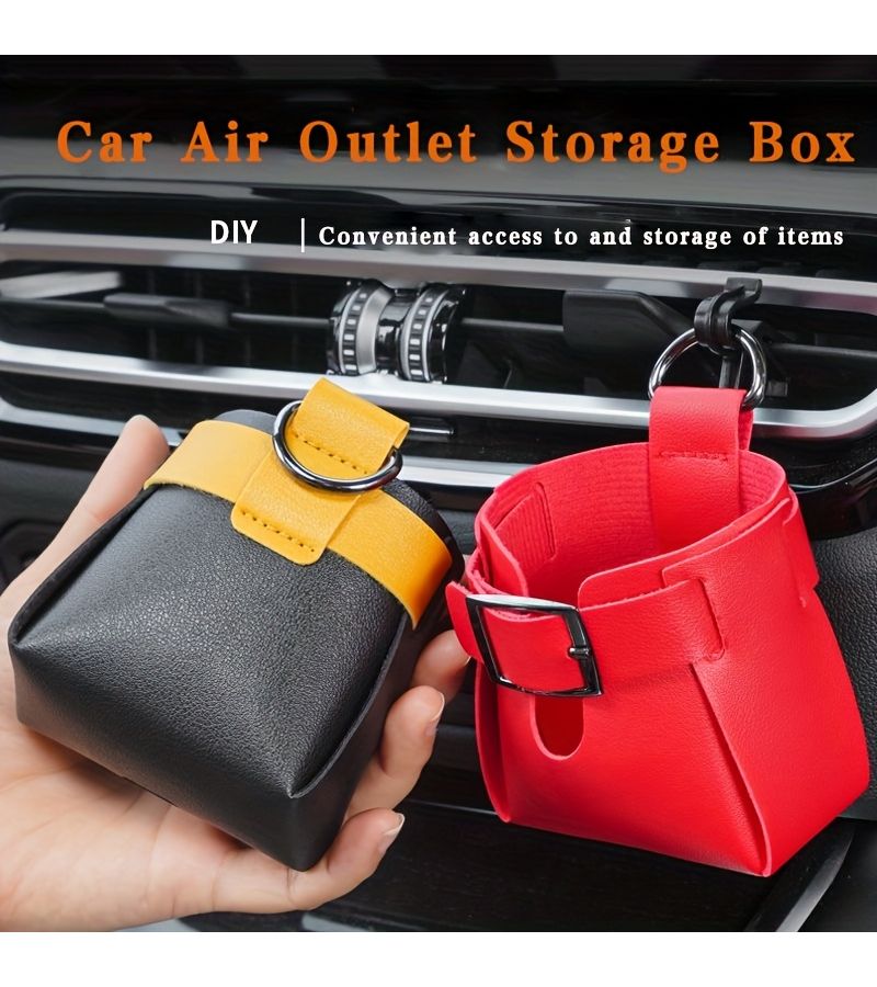 Red PU Leather Car Air Vent Storage Box For Phone Glasses Water Bottle - Image 1