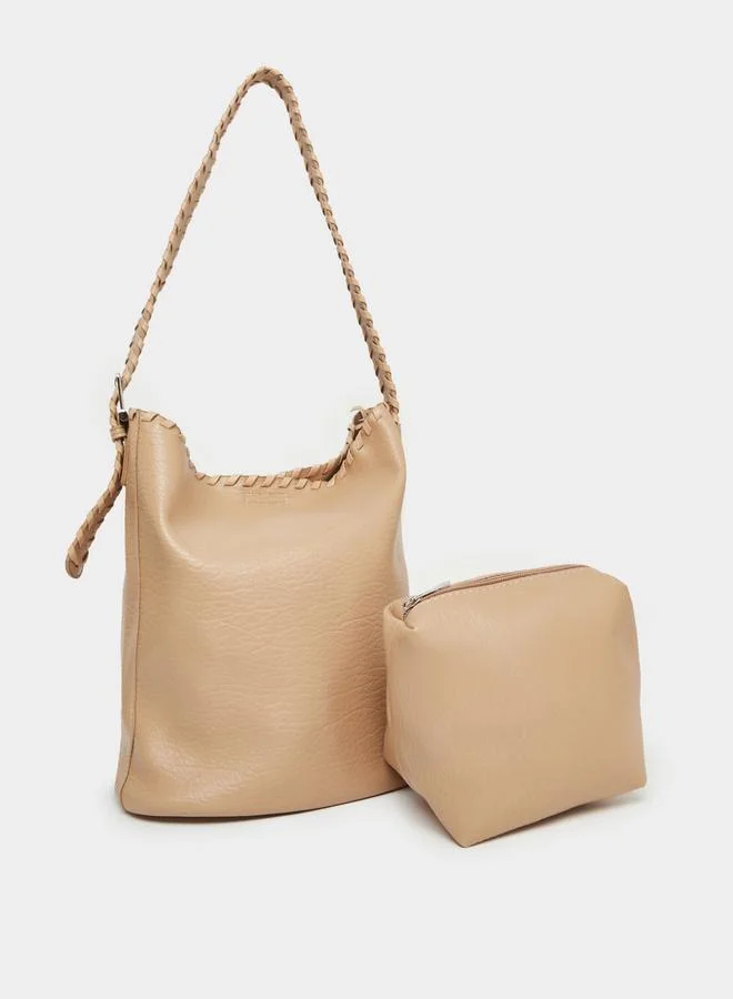 Styli Beige Braided Strap Shoulder Bag with Pouch