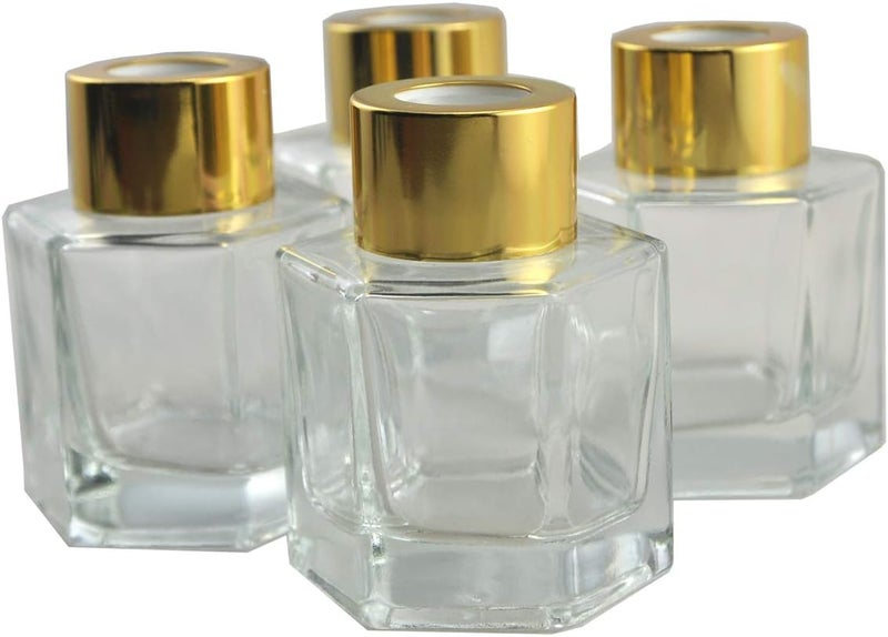 Ougual Set of 4 Hexagonal Column Glass Essential Oils Diffuser Bottles 60ml (Gold Cap) 