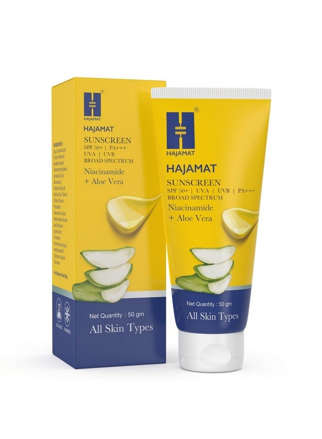 HAJAMAT Sunscreen Spf 50 Pa+++ For Face & Body Broad Spectrum Uva Uvb & Blue Light Protection Ultra Light No White Cast Water & Sweat Resistant Women & Men All Skin Types (50 Gm) - Image 1