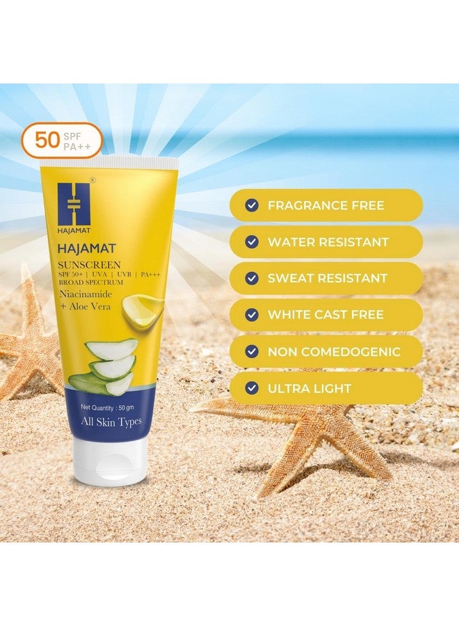 HAJAMAT Sunscreen Spf 50 Pa+++ For Face & Body Broad Spectrum Uva Uvb & Blue Light Protection Ultra Light No White Cast Water & Sweat Resistant Women & Men All Skin Types (50 Gm) - Image 4
