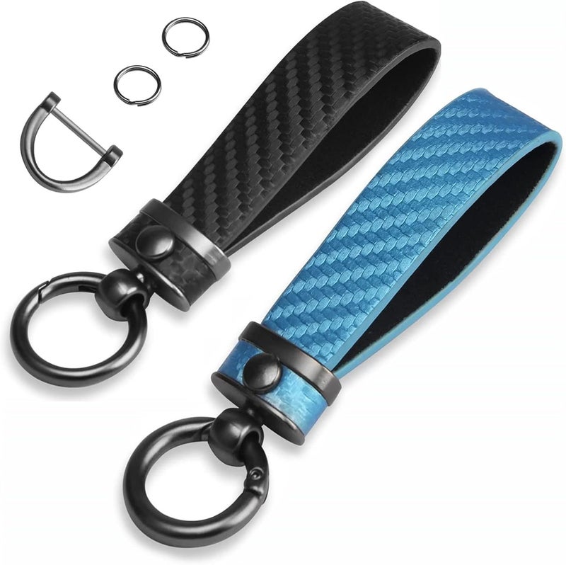 2pcs Leather Keychain Set , Carbon Fiber Style with 360掳 Rotatable Snap Swivel , Black and Blue - Image 1