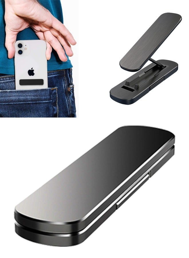 Foldable Mini Cell Phone Kickstand with 360° Rotation Adjustment, Lightweight Aluminum Alloy Mobile Phone Stand with Traceless High Viscosity Adhesive, Suitable for Various Models of Mobile Phones, Black - Image 1