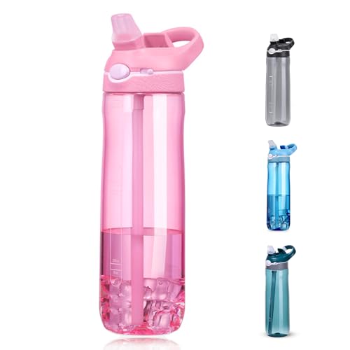 DEARART 24oz Water Bottles With Straw 100 Leakproof BPA FREE Hidden Nozzle Flip Up Lid Clear Water Bottle With Handle Wide Bottle Easy Clear Suit Office Gym Yoga Sports Travel Pink - Image 1