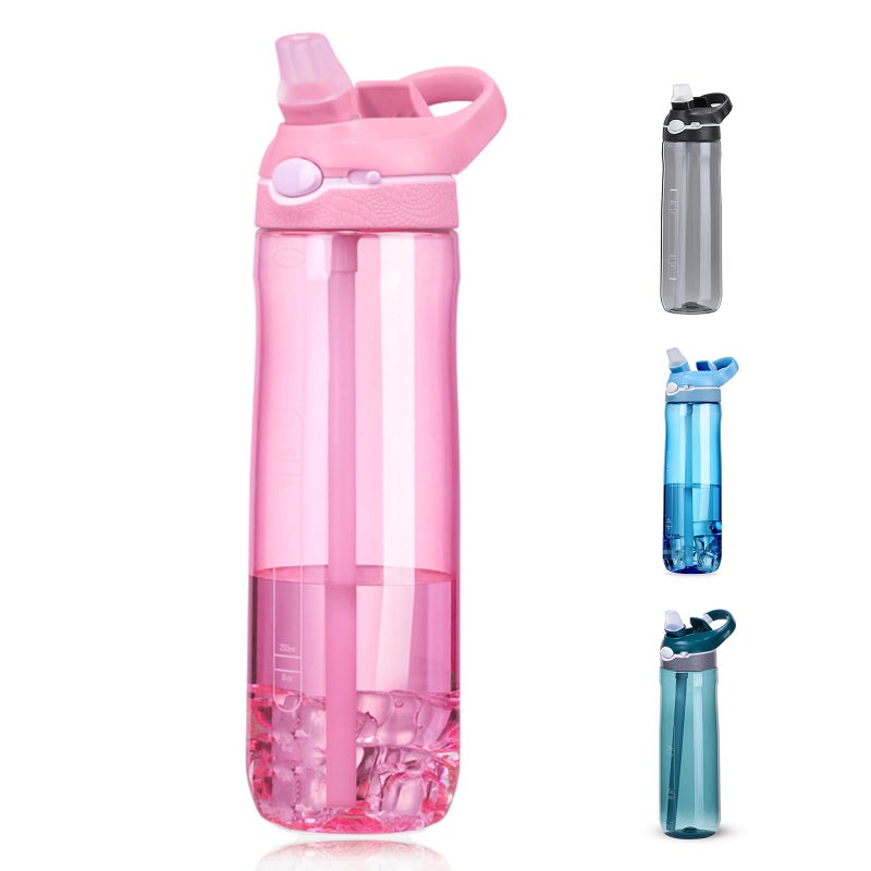 DEARART 24oz Water Bottles With Straw 100 Leakproof BPA FREE Hidden Nozzle Flip Up Lid Clear Water Bottle With Handle Wide Bottle Easy Clear Suit Office Gym Yoga Sports Travel Pink - Image 2