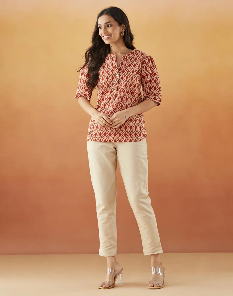 Fabindia Maroon Cotton Kalamkari Printed Top