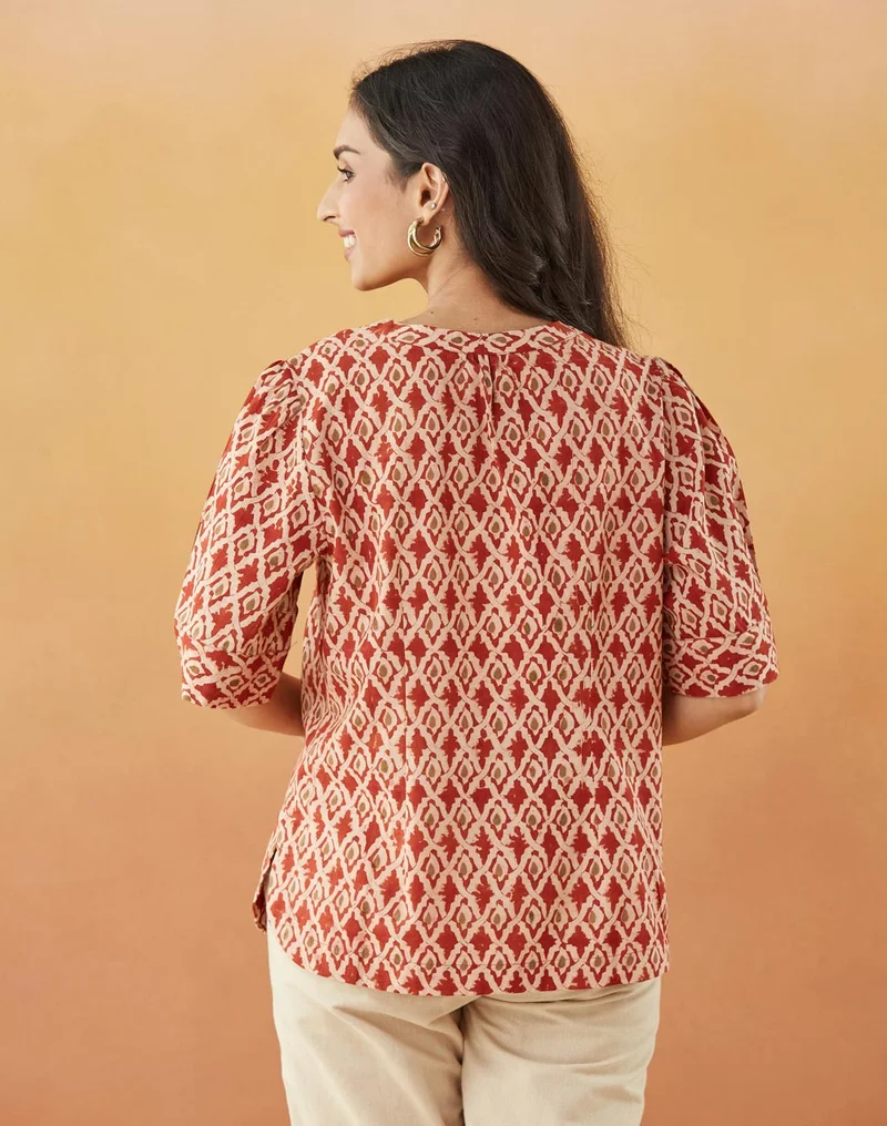 Fabindia Maroon Cotton Kalamkari Printed Top