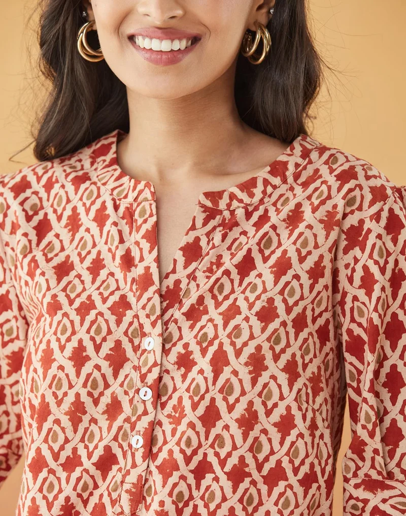 Fabindia Maroon Cotton Kalamkari Printed Top