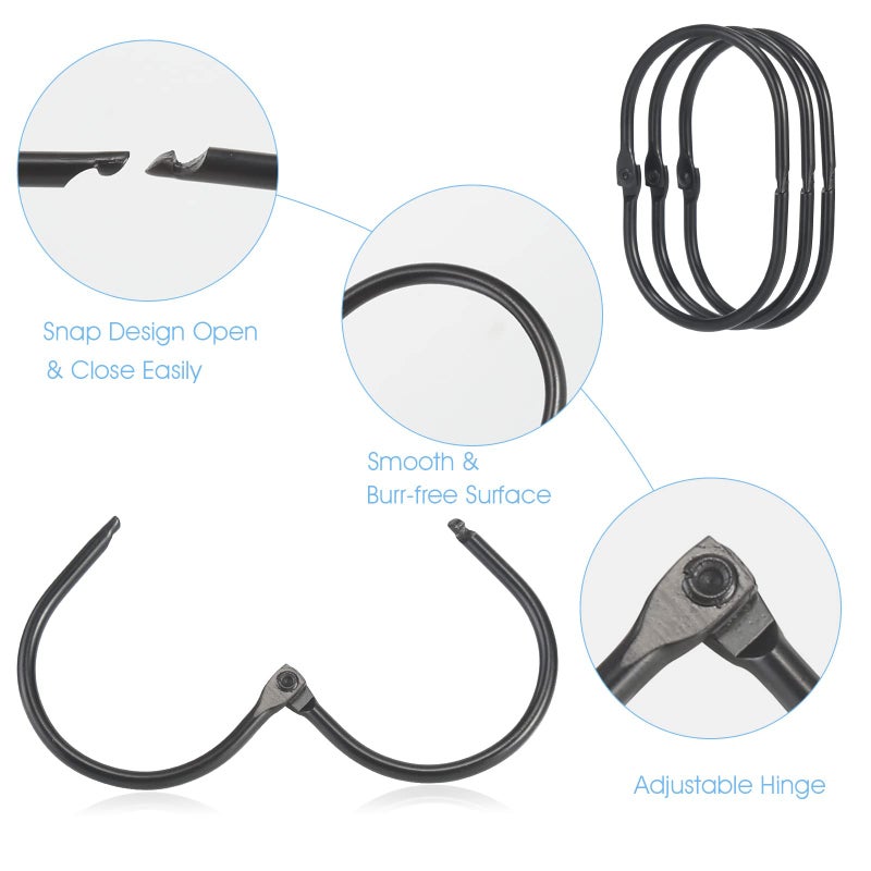 Goowin Shower Curtain Rings, 12 Pcs Shower Curtain Hooks, Oval Snap Shower Rings for Curtain, Metal Black Shower Curtain Rings Rust Proof, Glide Smoothly Shower Hooks for Shower Curtain Rod (Black) - Image 4