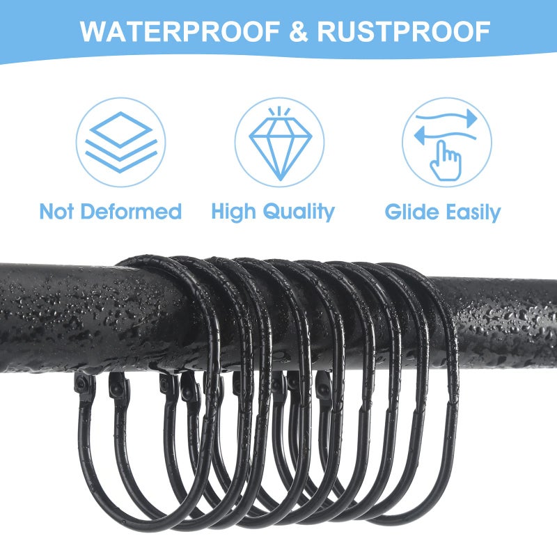 Goowin Shower Curtain Rings, 12 Pcs Shower Curtain Hooks, Oval Snap Shower Rings for Curtain, Metal Black Shower Curtain Rings Rust Proof, Glide Smoothly Shower Hooks for Shower Curtain Rod (Black) - Image 3