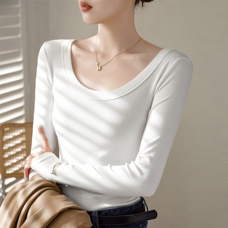 No Fear Goods Biyou Cotton Threaded U-Neck Long-Sleeved T-Shirt for Women 2025 Autumn and Winter New Slim Fit Top Bottoming Shirt Korea - Image 1
