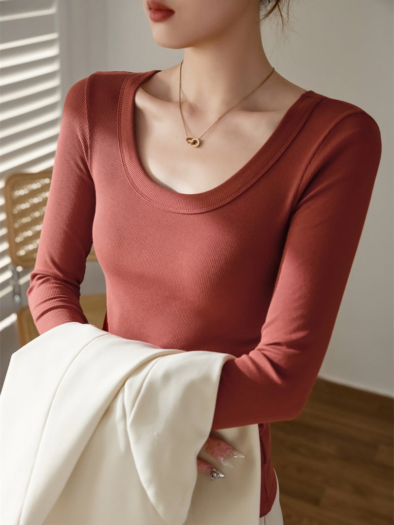 No Fear Goods Biyou Cotton Threaded U-Neck Long-Sleeved T-Shirt for Women 2025 Autumn and Winter New Slim Fit Top Bottoming Shirt Korea - Image 3