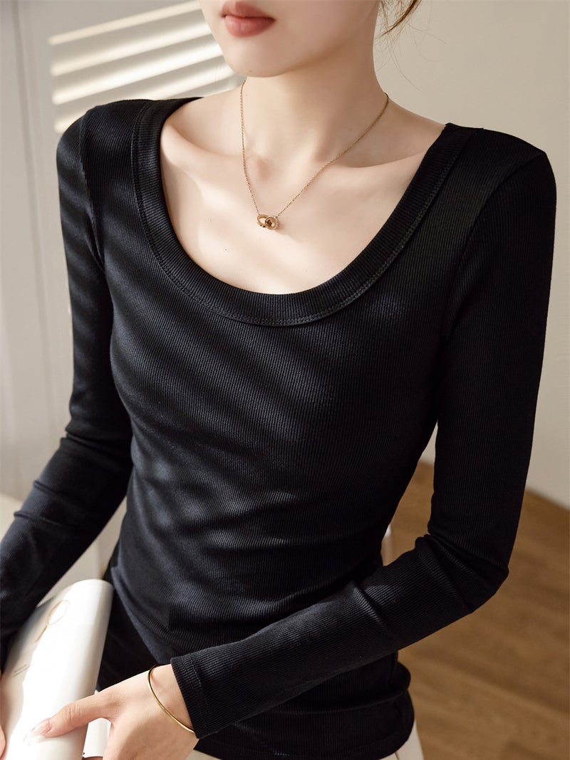 No Fear Goods Biyou Cotton Threaded U-Neck Long-Sleeved T-Shirt for Women 2025 Autumn and Winter New Slim Fit Top Bottoming Shirt Korea - Image 4