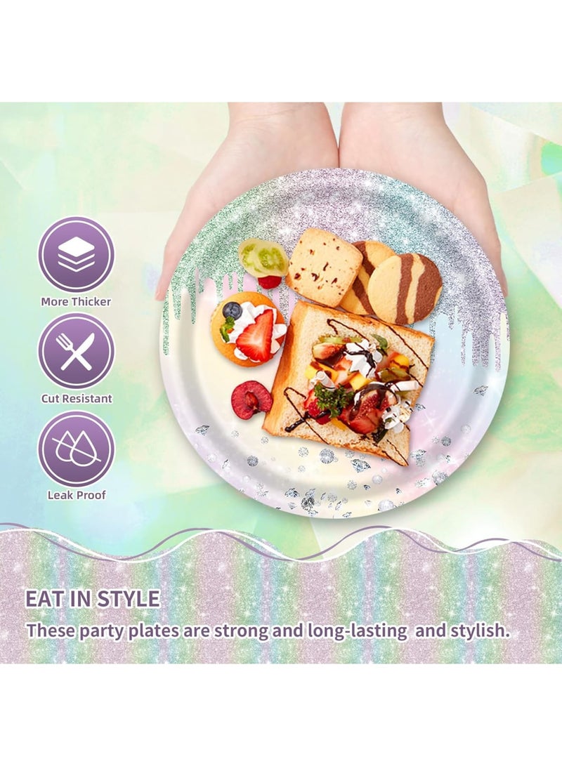 SOLARAE أطباق ورقية لامعة على شكل الماس، أطباق حلوى ورقية 7 بوصة، أطباق قابلة للتصرف بألوان قوس قزح، لحفلات عيد ميلاد الفتيات والأطفال وحفلات استقبال المواليد (48 قطعة) - Image 2