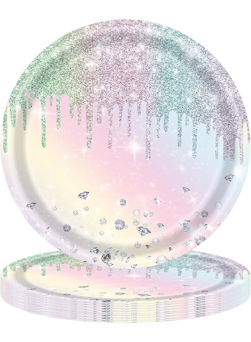 SOLARAE أطباق ورقية لامعة على شكل الماس، أطباق حلوى ورقية 7 بوصة، أطباق قابلة للتصرف بألوان قوس قزح، لحفلات عيد ميلاد الفتيات والأطفال وحفلات استقبال المواليد (48 قطعة) - Image 1