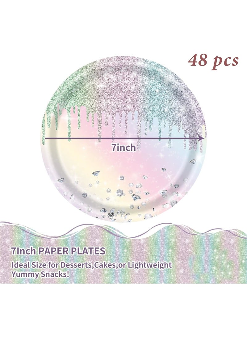 SOLARAE أطباق ورقية لامعة على شكل الماس، أطباق حلوى ورقية 7 بوصة، أطباق قابلة للتصرف بألوان قوس قزح، لحفلات عيد ميلاد الفتيات والأطفال وحفلات استقبال المواليد (48 قطعة) - Image 5