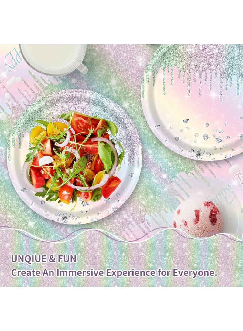 SOLARAE أطباق ورقية لامعة على شكل الماس، أطباق حلوى ورقية 7 بوصة، أطباق قابلة للتصرف بألوان قوس قزح، لحفلات عيد ميلاد الفتيات والأطفال وحفلات استقبال المواليد (48 قطعة) - Image 3