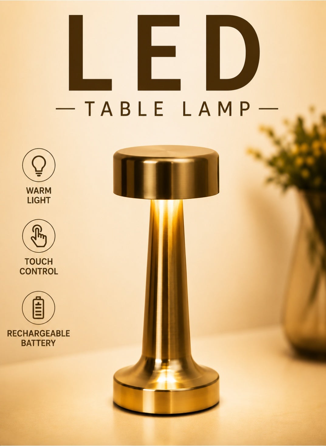 Cordless LED Desk Lamp Touch Sensor Table Lamp 1800mAh Battery Powered USB Rechargeable Metal Light Dimmable Eye-Protection Bedroom Bedside Reading Light for Indoor Outdoor