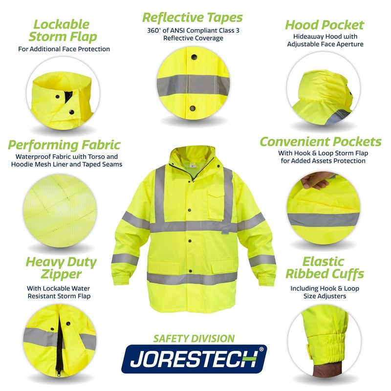 JORESTECH Safety Rain Jacket Waterproof Reflective High Visibility with Interior Mesh Yellow/Lime ANSI Class 3 Level 2 Type R JK-03 (4XL) - Image 4