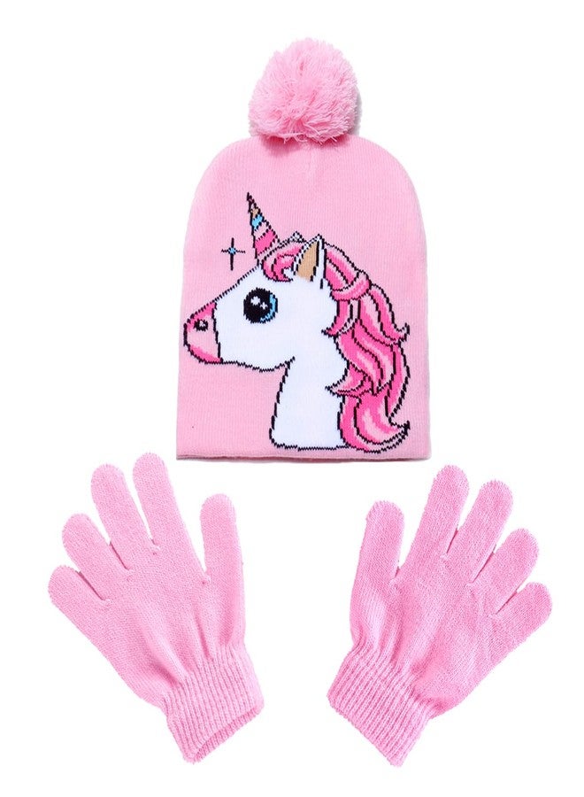 D.O.T Girls Unicorn Winter Hat and Mitten Or Gloves Set for Kids Cold Weather Accessories Age 3-12 (Pink) - Image 1