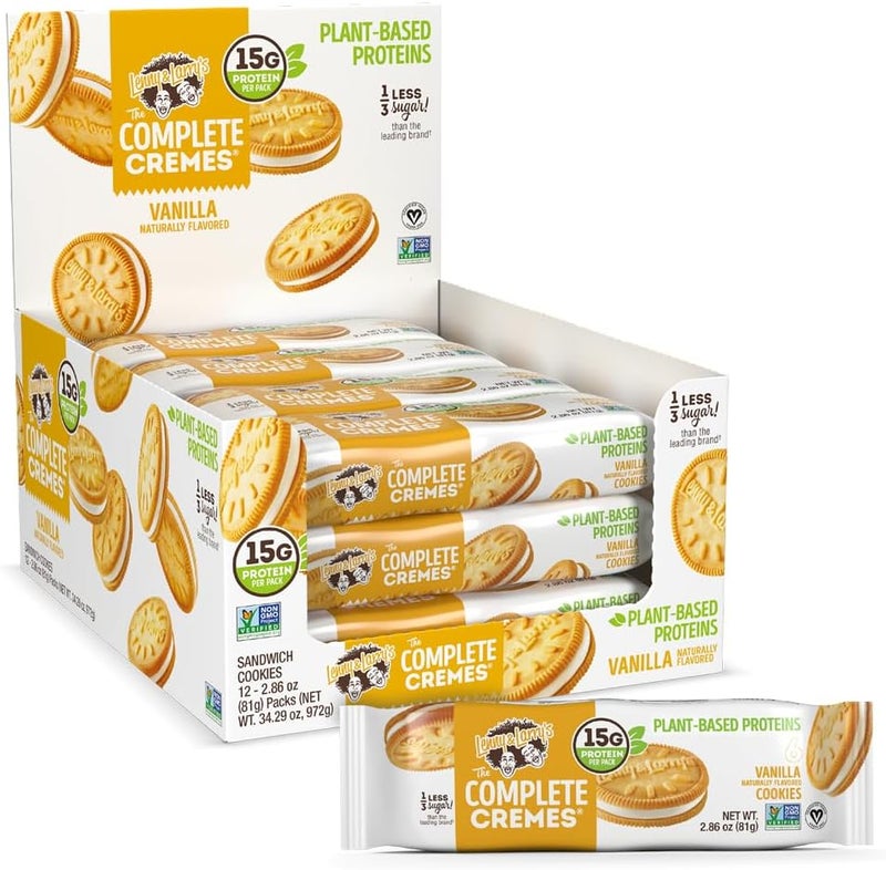 LENNY & LARRY'S ليني ولاري's الكريمة الكاملة®، بسكويت ساندويتش، فانيليا، نباتي، 5 جرام بروتين نباتي، 6 بسكويتات لكل عبوة (علبة من 12) - Image 1