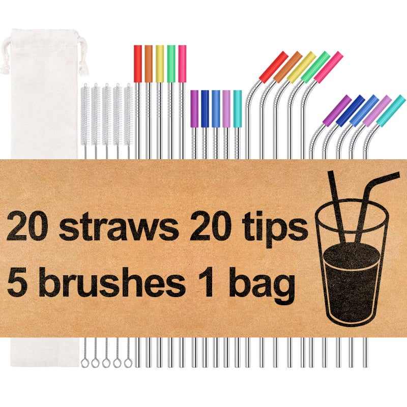 20 Pack Reusable Stainless Steel Metal Straws105  85 Reusable Drinking Straws with 20 Silicone Tips 5 Straw Brushes 1 Travel CaseEco Friendly Extra Long Metal Straw Fit for 20 24 30 oz Tumbler