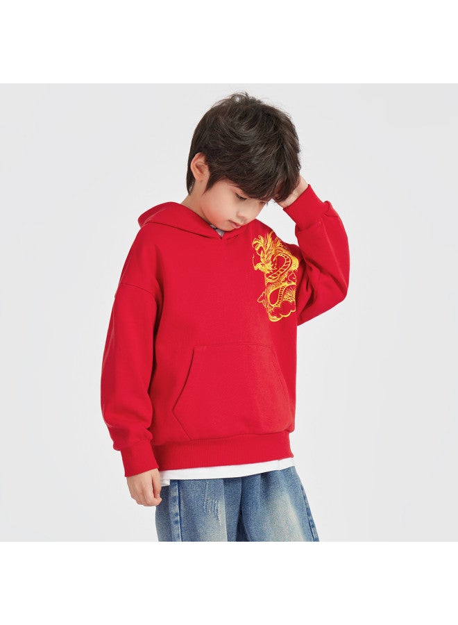 BOY س هودي 2025 ربيع الاتجاه الوطني سويت شيرت، للأطفال من متوسط إلى كبير، سترة رياضية غير رسمية بأكمام منسدلة، قمة بطباعة تنين زهور للأطفال - Image 4