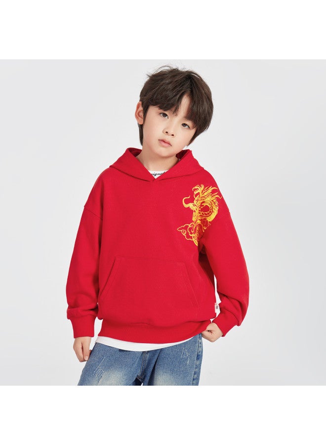 BOY س هودي 2025 ربيع الاتجاه الوطني سويت شيرت، للأطفال من متوسط إلى كبير، سترة رياضية غير رسمية بأكمام منسدلة، قمة بطباعة تنين زهور للأطفال - Image 5