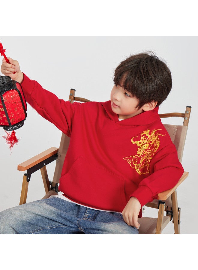 BOY س هودي 2025 ربيع الاتجاه الوطني سويت شيرت، للأطفال من متوسط إلى كبير، سترة رياضية غير رسمية بأكمام منسدلة، قمة بطباعة تنين زهور للأطفال - Image 3