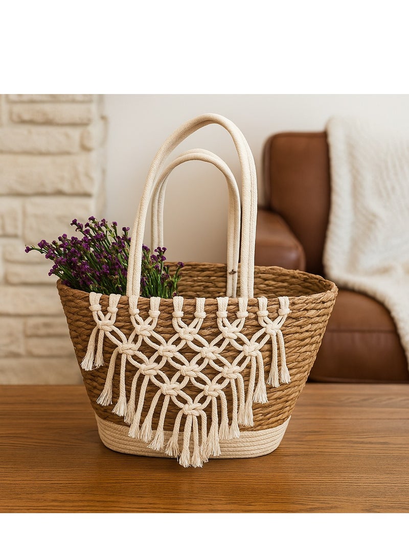 Generic 𝐅𝐅𝐃 Jute & Fabric Storage Basket 40×26×27 cm – Decorative Boho Organizer with Handles for Toys, Blankets, Laundry & Home Decor  - Image 1
