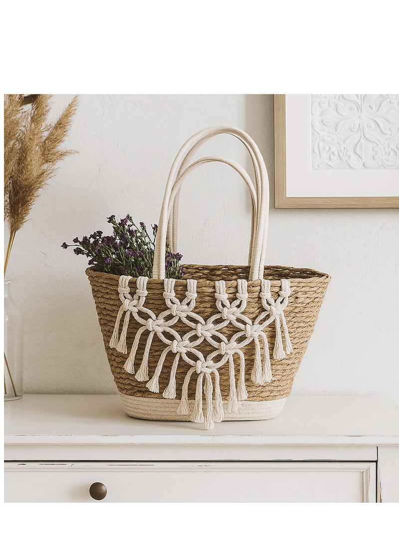 Generic 𝐅𝐅𝐃 Jute & Fabric Storage Basket 40×26×27 cm – Decorative Boho Organizer with Handles for Toys, Blankets, Laundry & Home Decor  - Image 4