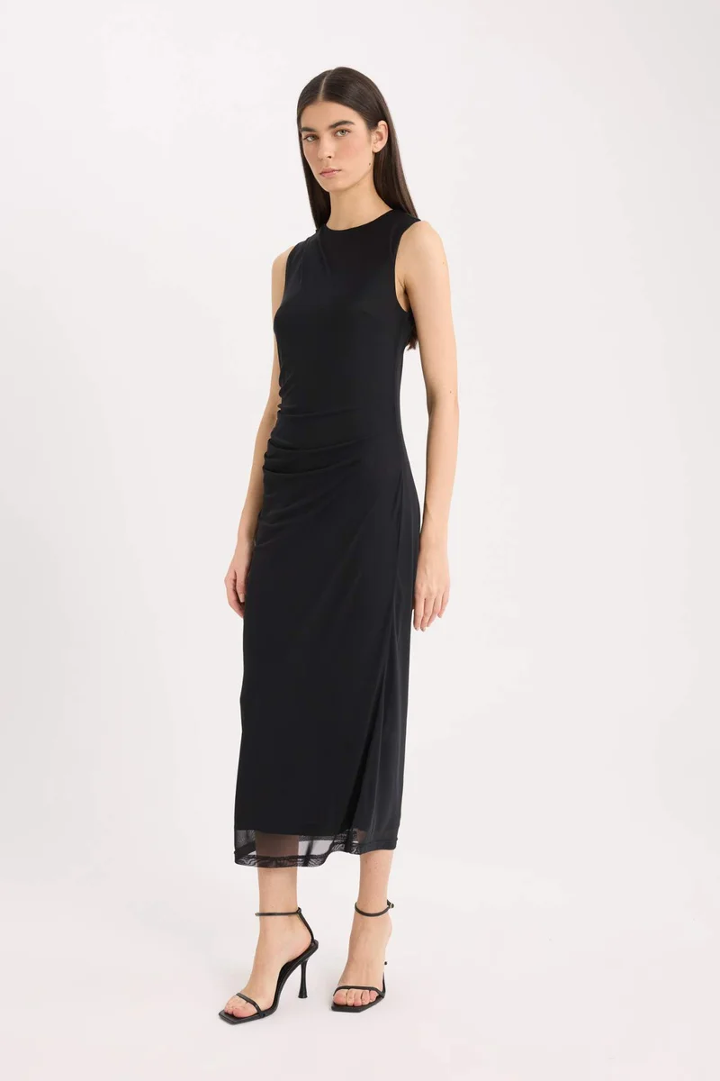 ديفاكتو Bodycon Round Collar Tulle Sleeveless Midi Dress