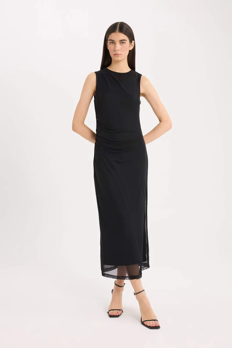 ديفاكتو Bodycon Round Collar Tulle Sleeveless Midi Dress