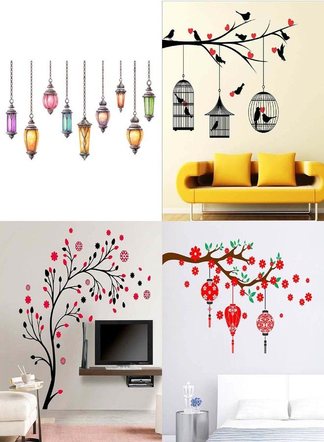 Merical Set of 4 Hanging Lamp, Lovebirds & Hearts, Magical Tree, Red Flower & Lantern Wall Sticker for Wall D�cor, Living Room, Children Room - Image 1