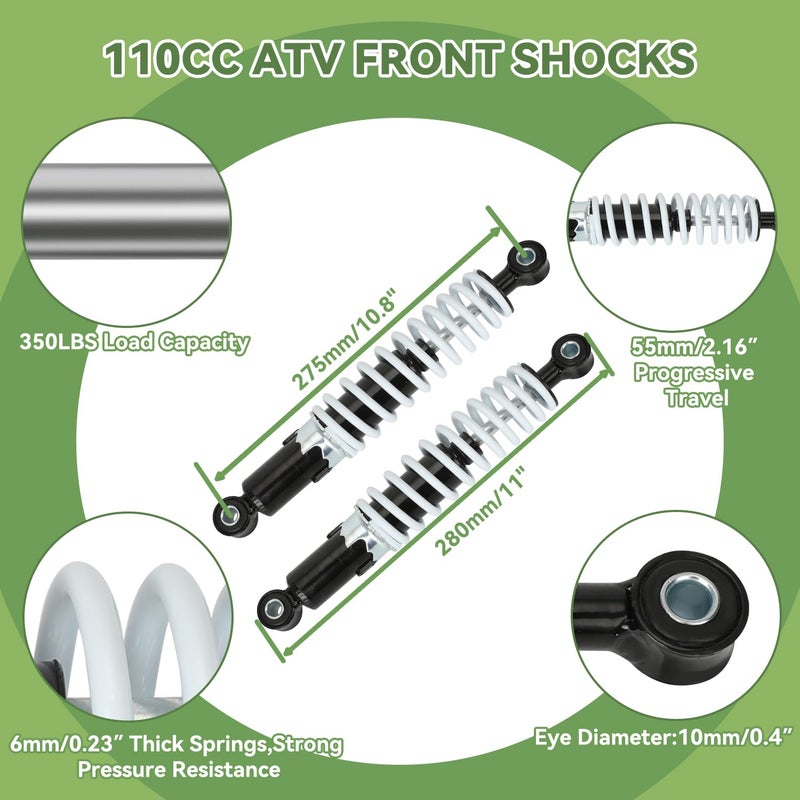 XIKOBY 10" 11" Front Shock Absorbers Kit Compatible with 125cc 110cc Tao tao Coolster ATV Chinese Quad 4 Wheeler, 275mm Shock for 50cc 70cc 90cc Kazuma SunL Go Kart Suspension Parts with Shock Covers - Image 2