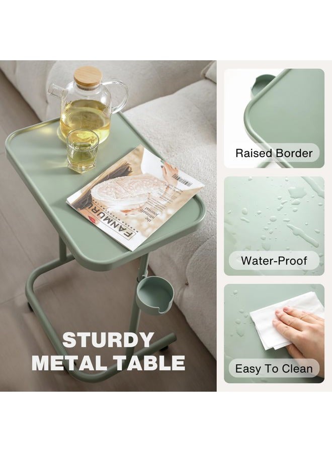 KEEPO Metal TV Tray Table with Wheels/Casters, Side End Table, Adjustable Meal Tray, Folding Laptop Table with 3 Heights, 0 to 90 Degrees Tilt Angles, Portable Over Bed & Sofa Stand Desk (Gray Green) - Image 4
