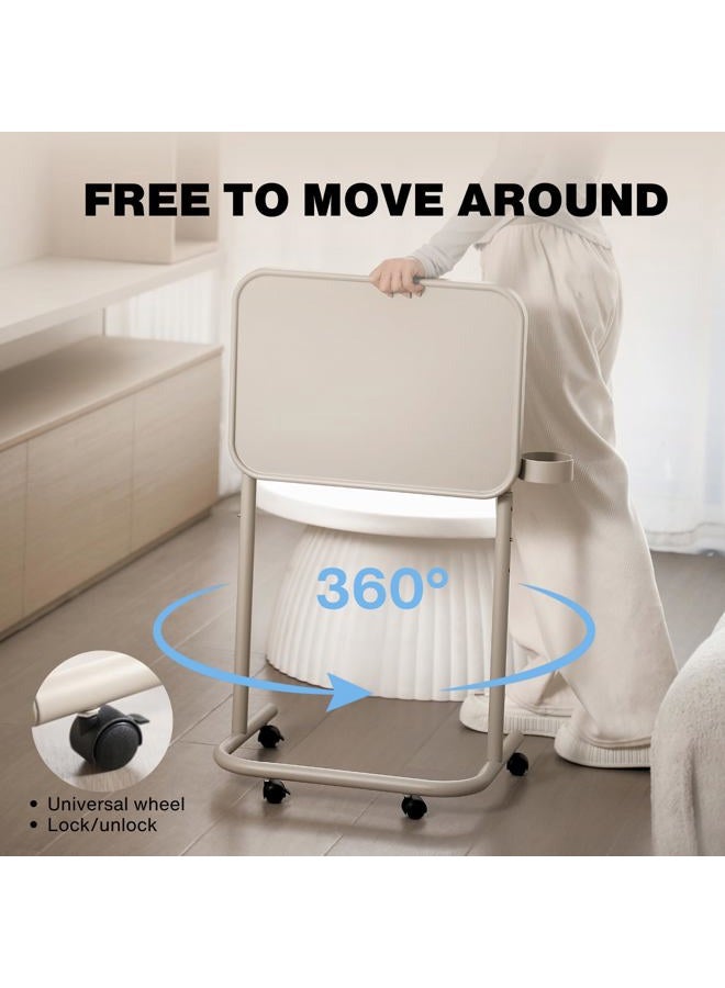 KEEPO Metal TV Tray Table with Wheels/Casters, Side End Table, Adjustable Meal Tray, Folding Laptop Table with 3 Heights, 0 to 90 Degrees Tilt Angles, Portable Over Bed & Sofa Stand Desk (Gray Green) - Image 3