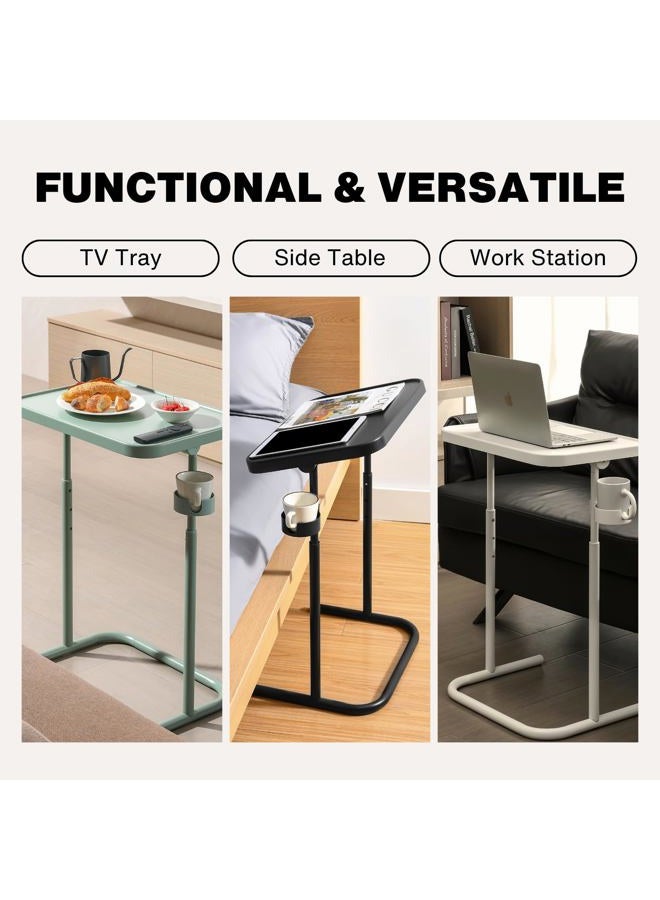 KEEPO Metal TV Tray Table with Wheels/Casters, Side End Table, Adjustable Meal Tray, Folding Laptop Table with 3 Heights, 0 to 90 Degrees Tilt Angles, Portable Over Bed & Sofa Stand Desk (Gray Green) - Image 2