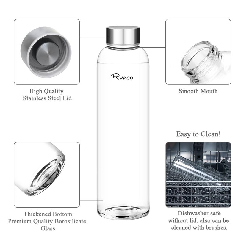 Ryaco Borosilicate Glass Water Bottle 33oz/1L/1000ml BPA-Free Leak Proof Ideal for School Home Office Travel Sport Yoga Gym Hot Cold Drinks with Portable Neoprene Carrying Sleeve and Sponge Brush - Image 2