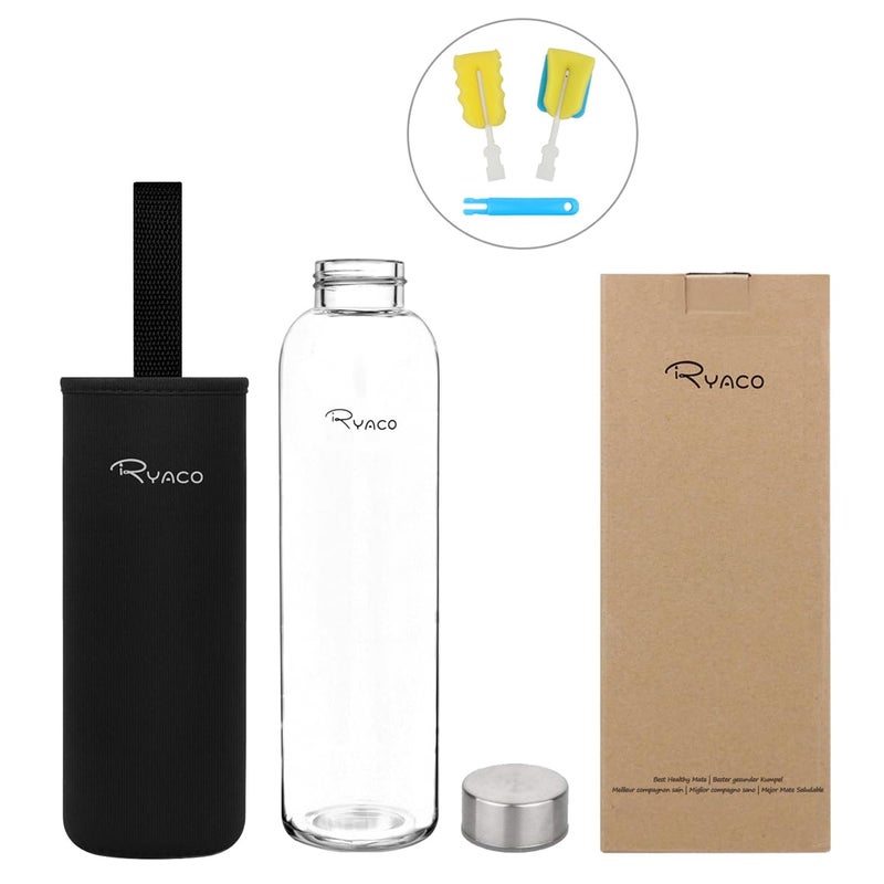 Ryaco Borosilicate Glass Water Bottle 33oz/1L/1000ml BPA-Free Leak Proof Ideal for School Home Office Travel Sport Yoga Gym Hot Cold Drinks with Portable Neoprene Carrying Sleeve and Sponge Brush - Image 4
