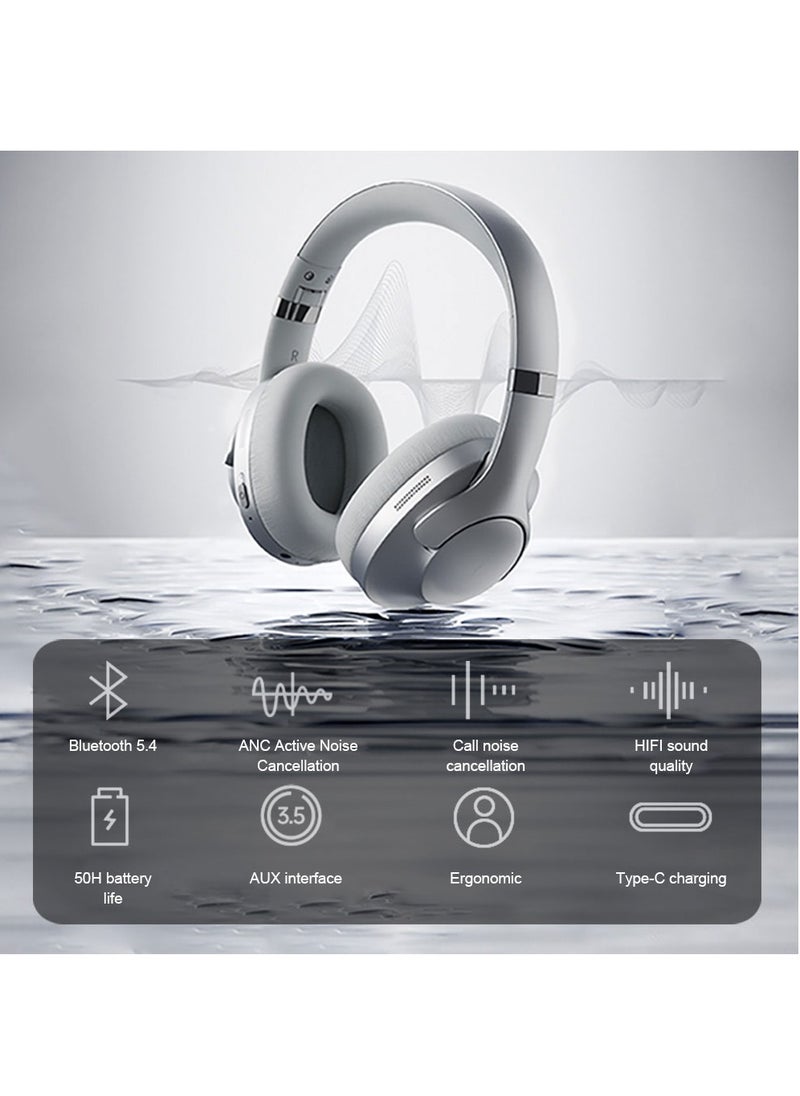 FlashHawk ANC Wireless Over-Ear Headphones with Bluetooth 5.4 and 50 Hours of Battery Life Silver  - Image 2