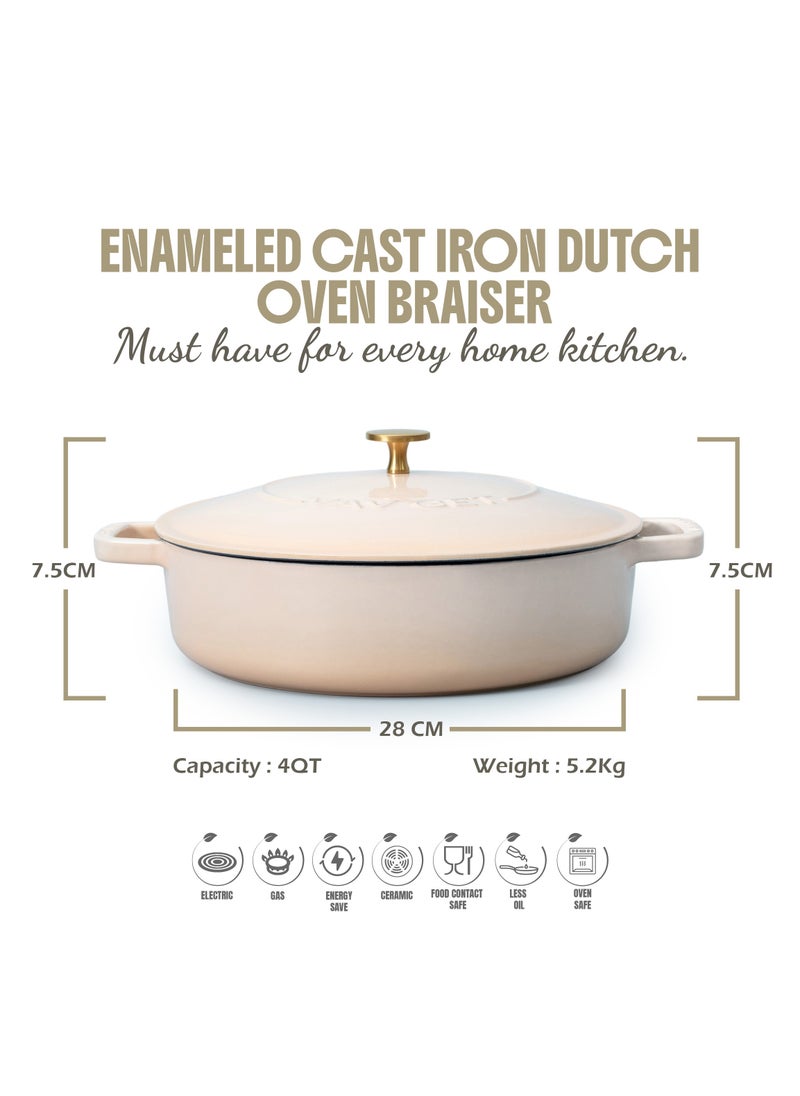VAV Healthy and Safe, Non-Stick Cookware, Enameled Cast Iron Dutch Oven Braiser Pan, 28cm / 3.79L – Peach  - Image 2