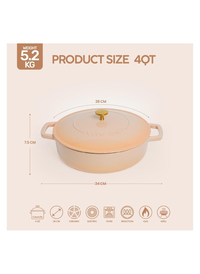 VAV Healthy and Safe, Non-Stick Cookware, Enameled Cast Iron Dutch Oven Braiser Pan, 28cm / 3.79L – Peach - Image 2