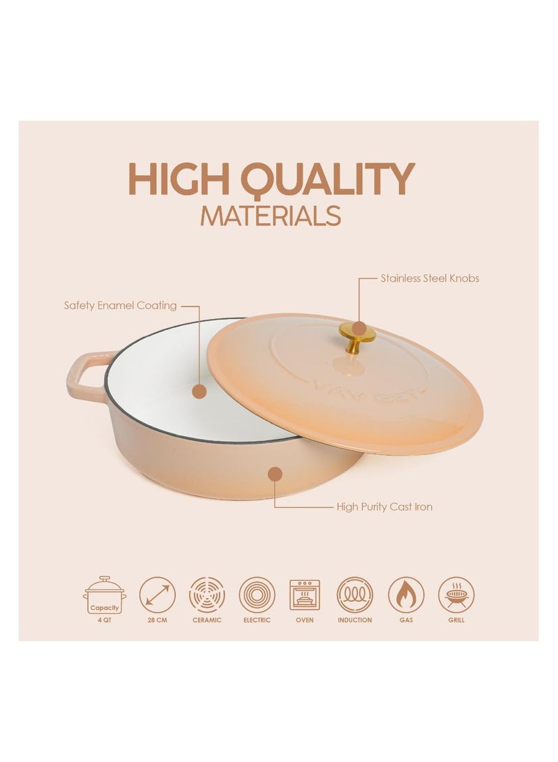 VAV Healthy and Safe, Non-Stick Cookware, Enameled Cast Iron Dutch Oven Braiser Pan, 28cm / 3.79L – Peach - Image 5
