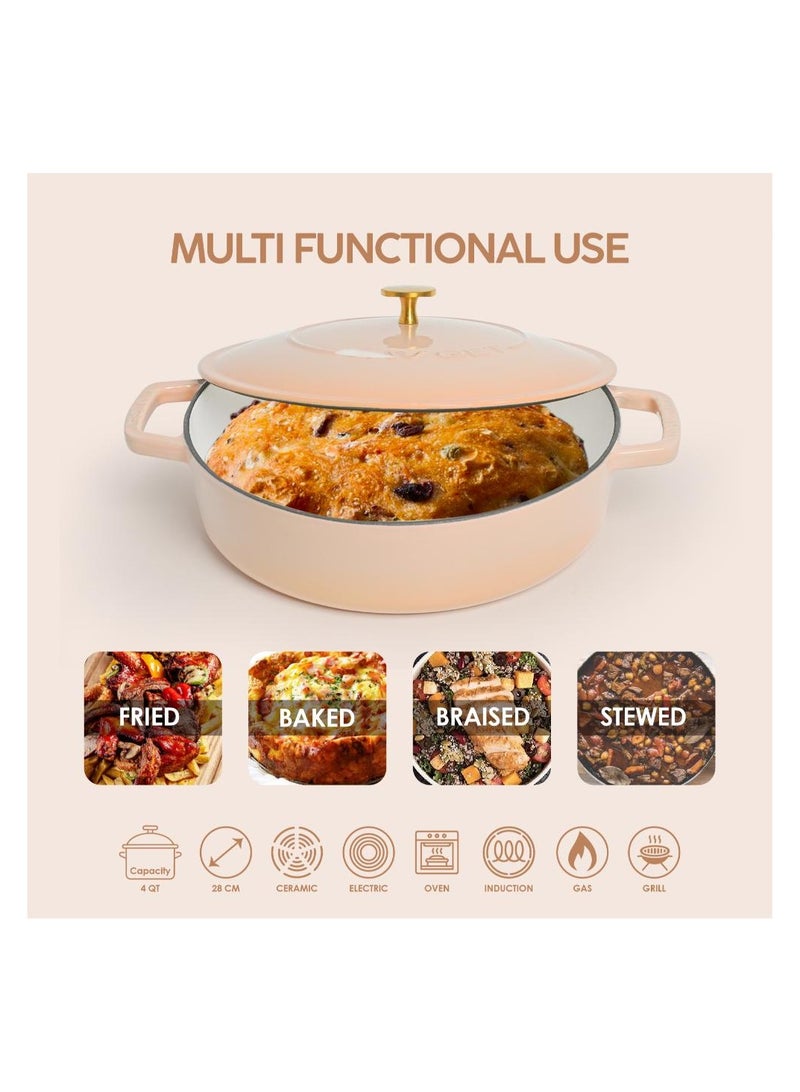 VAV Healthy and Safe, Non-Stick Cookware, Enameled Cast Iron Dutch Oven Braiser Pan, 28cm / 3.79L – Peach - Image 3