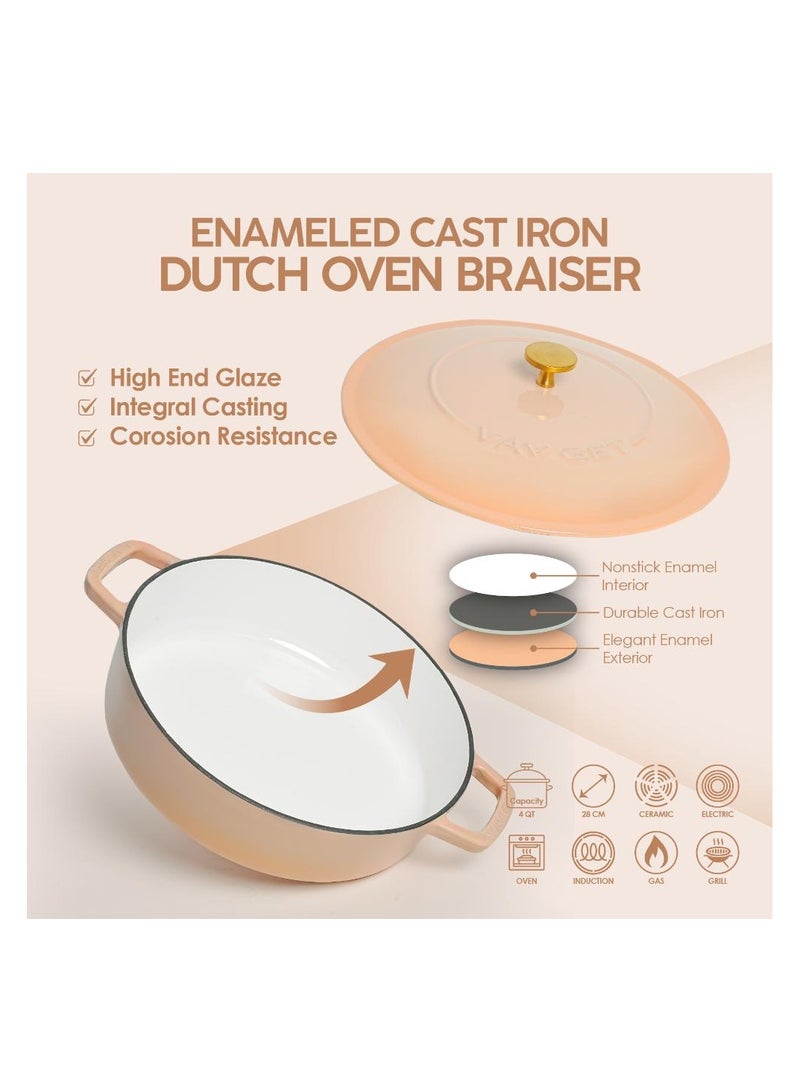 VAV Healthy and Safe, Non-Stick Cookware, Enameled Cast Iron Dutch Oven Braiser Pan, 28cm / 3.79L – Peach - Image 4