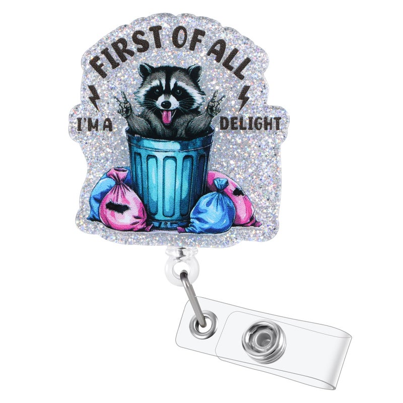 BVIIE First of All Iâ€™m a Delight Funny Raccoon Badge Reel, Retractable ID Card Nurse Badge Holders, Work Badge Clip for RN MA ICU ER ED Department of Surgery Nurses Station HR Psychologist Social Workers - Image 1
