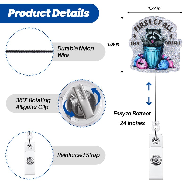 BVIIE First of All Iâ€™m a Delight Funny Raccoon Badge Reel, Retractable ID Card Nurse Badge Holders, Work Badge Clip for RN MA ICU ER ED Department of Surgery Nurses Station HR Psychologist Social Workers - Image 4