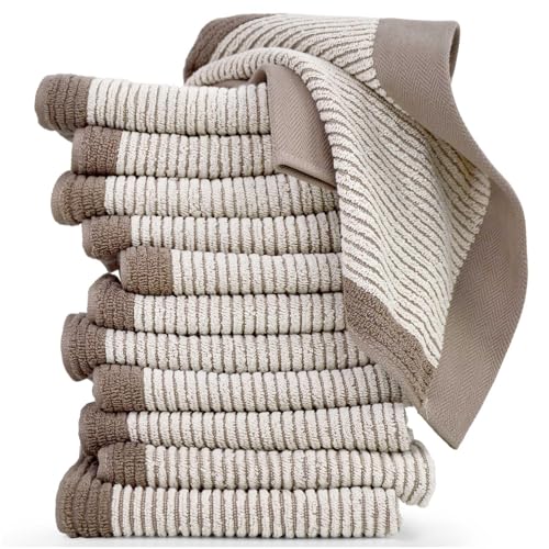 Cleanbear Wash Cloths 12 Pack Jacquard Weaved Cotton Washcloth for Body and Face 135 by 13 Inches Soft Face Towels for Sensitive Skin LightBrown - Image 1